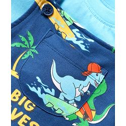 Babyhug Single Jersey Knit Dino Printed Dungaree Half Sleeves Inner Tee - Blue