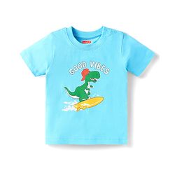 Babyhug Single Jersey Knit Dino Printed Dungaree Half Sleeves Inner Tee - Blue