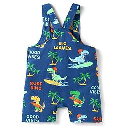 Babyhug Single Jersey Knit Dino Printed Dungaree Half Sleeves Inner Tee - Blue