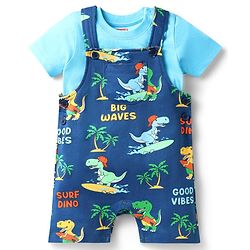 Babyhug Single Jersey Knit Dino Printed Dungaree Half Sleeves Inner Tee - Blue