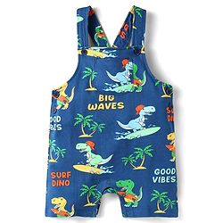 Babyhug Single Jersey Knit Dino Printed Dungaree Half Sleeves Inner Tee - Blue