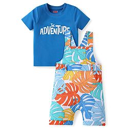 Babyhug Single Jersey Knit Dungaree & Half Sleeves T-Shirt With Leaves Print - Light Blue