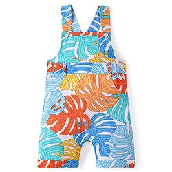 Babyhug Single Jersey Knit Dungaree & Half Sleeves T-Shirt With Leaves Print - Light Blue