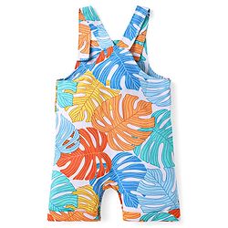 Babyhug Single Jersey Knit Dungaree & Half Sleeves T-Shirt With Leaves Print - Light Blue