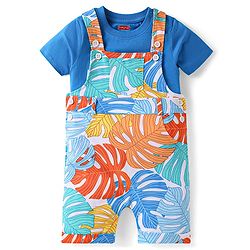 Babyhug Single Jersey Knit Dungaree & Half Sleeves T-Shirt With Leaves Print - Light Blue