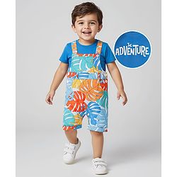 Babyhug Single Jersey Knit Dungaree & Half Sleeves T-Shirt With Leaves Print - Light Blue
