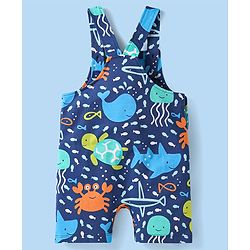 Babyhug Single Jersey Knit Dungaree & Half Sleeves Polo T-Shirt With Fish Print - Blue