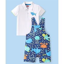 Babyhug Single Jersey Knit Dungaree & Half Sleeves Polo T-Shirt With Fish Print - Blue