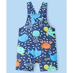 Babyhug Single Jersey Knit Dungaree & Half Sleeves Polo T-Shirt With Fish Print - Blue