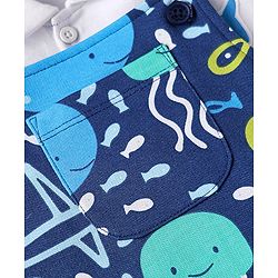 Babyhug Single Jersey Knit Dungaree & Half Sleeves Polo T-Shirt With Fish Print - Blue