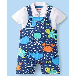 Babyhug Single Jersey Knit Dungaree & Half Sleeves Polo T-Shirt With Fish Print - Blue
