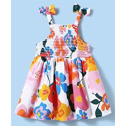 Babyhug Cotton Woven Sleeveless Anti Bacterial Floral Printed Frock with Smocked & Bow Detailing - White Blue & Orange