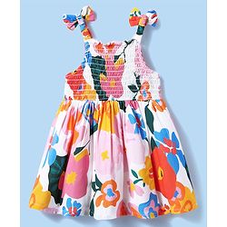 Babyhug Cotton Woven Sleeveless Anti Bacterial Floral Printed Frock with Smocked & Bow Detailing - White Blue & Orange