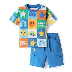 Babyhug Single Jersey Knit Half Sleeves T-Shirt & Shorts Set with Tropical Theme & Rainbow Print - Blue