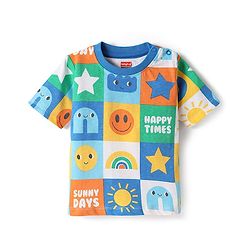 Babyhug Single Jersey Knit Half Sleeves T-Shirt & Shorts Set with Tropical Theme & Rainbow Print - Blue
