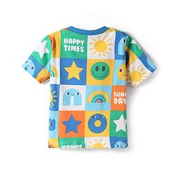 Babyhug Single Jersey Knit Half Sleeves T-Shirt & Shorts Set with Tropical Theme & Rainbow Print - Blue