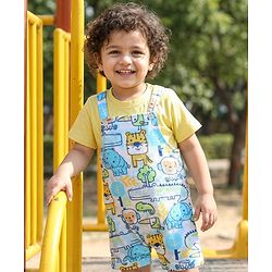 Babyhug Single Jersey Knit Half Sleeves T-Shirt & Dungaree With Animal Print - Light Blue & Yellow