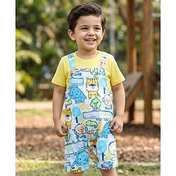 Babyhug Single Jersey Knit Half Sleeves T-Shirt & Dungaree With Animal Print - Light Blue & Yellow