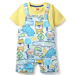 Babyhug Single Jersey Knit Half Sleeves T-Shirt & Dungaree With Animal Print - Light Blue & Yellow