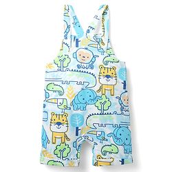 Babyhug Single Jersey Knit Half Sleeves T-Shirt & Dungaree With Animal Print - Light Blue & Yellow