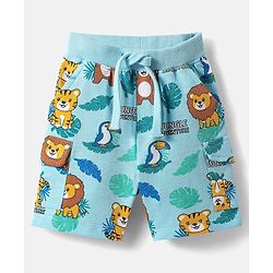 Babyhug Single Jersey Knit Half Sleeves Polo T-Shirt & Shorts Set with Jungle Theme Print & Patch Detailing - Light Blue & White
