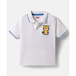 Babyhug Single Jersey Knit Half Sleeves Polo T-Shirt & Shorts Set with Jungle Theme Print & Patch Detailing - Light Blue & White