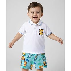 Babyhug Single Jersey Knit Half Sleeves Polo T-Shirt & Shorts Set with Jungle Theme Print & Patch Detailing - Light Blue & White