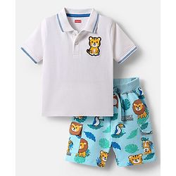 Babyhug Single Jersey Knit Half Sleeves Polo T-Shirt & Shorts Set with Jungle Theme Print & Patch Detailing - Light Blue & White