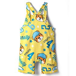 Babyhug Single Jersey Knit Dungaree & Half Sleeves T-Shirt With Animal Print - Yellow & Blue