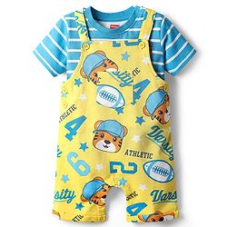 Babyhug Single Jersey Knit Dungaree & Half Sleeves T-Shirt With Animal Print - Yellow & Blue