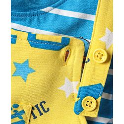 Babyhug Single Jersey Knit Dungaree & Half Sleeves T-Shirt With Animal Print - Yellow & Blue