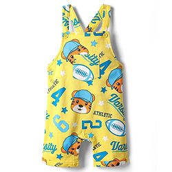 Babyhug Single Jersey Knit Dungaree & Half Sleeves T-Shirt With Animal Print - Yellow & Blue