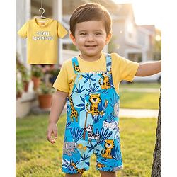 Babyhug Single Jersey Knit Half Sleeves T-Shirt & Dungaree With Animal Print - Yellow & Blue