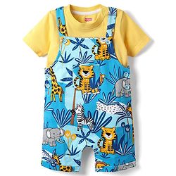 Babyhug Single Jersey Knit Half Sleeves T-Shirt & Dungaree With Animal Print - Yellow & Blue