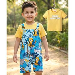 Babyhug Single Jersey Knit Half Sleeves T-Shirt & Dungaree With Animal Print - Yellow & Blue