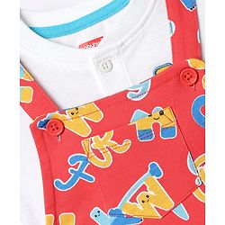 Babyhug Single Jersey Knit Half Sleeves T-Shirt & Dungaree With Alphabet Print - White & Red