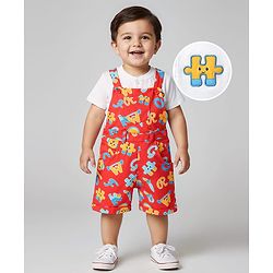 Babyhug Single Jersey Knit Half Sleeves T-Shirt & Dungaree With Alphabet Print - White & Red