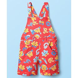 Babyhug Single Jersey Knit Half Sleeves T-Shirt & Dungaree With Alphabet Print - White & Red