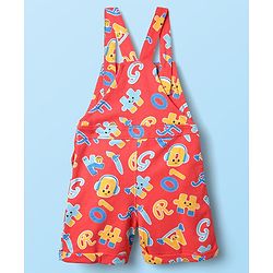 Babyhug Single Jersey Knit Half Sleeves T-Shirt & Dungaree With Alphabet Print - White & Red