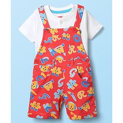 Babyhug Single Jersey Knit Half Sleeves T-Shirt & Dungaree With Alphabet Print - White & Red