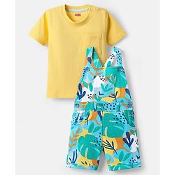 Babyhug Single Jersey Knit Dungaree & Half Sleeves T-Shirt With Leaf Print - Light Blue & Yellow