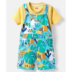 Babyhug Single Jersey Knit Dungaree & Half Sleeves T-Shirt With Leaf Print - Light Blue & Yellow