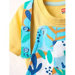Babyhug Single Jersey Knit Dungaree & Half Sleeves T-Shirt With Leaf Print - Light Blue & Yellow