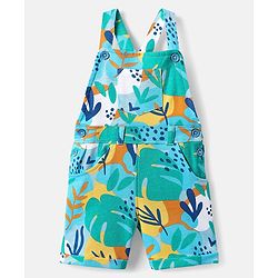 Babyhug Single Jersey Knit Dungaree & Half Sleeves T-Shirt With Leaf Print - Light Blue & Yellow