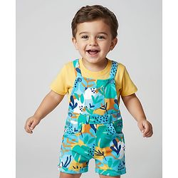 Babyhug Single Jersey Knit Dungaree & Half Sleeves T-Shirt With Leaf Print - Light Blue & Yellow