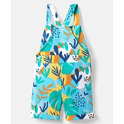 Babyhug Single Jersey Knit Dungaree & Half Sleeves T-Shirt With Leaf Print - Light Blue & Yellow
