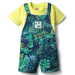 Babyhug Single Jersey Knit Half Sleeves T-Shirt & Dungaree With Tropical Print - Limegreen & Teal Blue