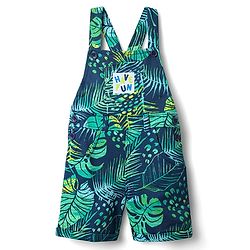 Babyhug Single Jersey Knit Half Sleeves T-Shirt & Dungaree With Tropical Print - Limegreen & Teal Blue