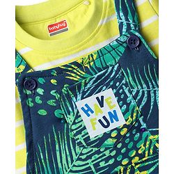 Babyhug Single Jersey Knit Half Sleeves T-Shirt & Dungaree With Tropical Print - Limegreen & Teal Blue