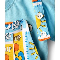 Babyhug Single Jersey Knit Dungarees & Half Sleeves T-Shirt With Tropical Theme Print - Light Blue
